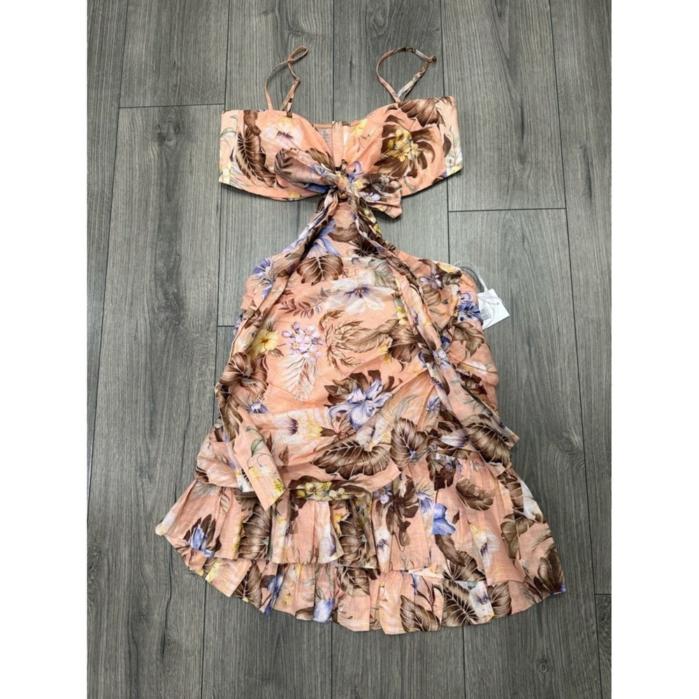 NWT Zimmermann Coco Floral Print Bow Detail Minidres in PEACH MULTI FLORAL Sz 12